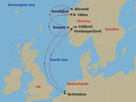 7 Night - Norwegian Fjords with Nordfjord - Nieuw Statendam - Starting in Rotterdam, the Netherlands, Eidfjord, Norway, Scenic cruising Hardangerfjord, Olden, Norway, Scenic Cruising Nordfjord, Alesund, Norway, Bergen, Norway, Rotterdam, the Netherlands itinerary map