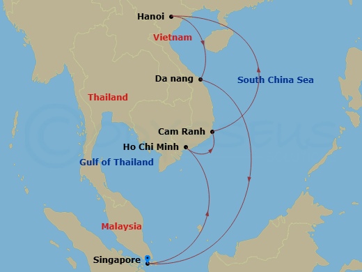 10 Night - Vietnam with Halong Bay - Diamond Princess - Starting in Singapore, Ho Chi Minh City (Phu My), Vietnam, Cam Ranh (Nha Trang), Vietnam, Halong Bay / Hanoi (Cai Lan), Vietnam, Scenic Cruising Halong Bay, Da Nang / Hue (Chan May), Vietnam, Singapore itinerary map