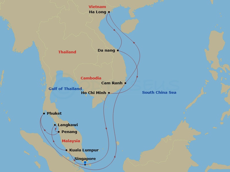 16 Night - Malaysia, Thailand & Vietnam with Halong Bay - Diamond Princess - Starting in Singapore, Kuala Lumpur (Port Kelang), Malaysia, Langkawi, Malaysia, Penang, Malaysia, Phuket, Thailand, Cam Ranh (Nha Trang), Vietnam, Halong Bay / Hanoi (Cai Lan), Vietnam, Scenic Cruising Halong Bay, Da Nang / Hue (Chan May), Vietnam, Ho Chi Minh City (Phu My), Vietnam, Singapore itinerary map