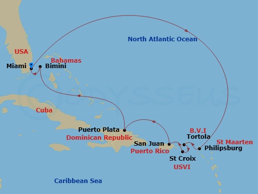 10 Night - Eastern Caribbean & Bimini Beach Club - Brilliant Lady - Starting in Miami, Florida, Philipsburg, Sint Maarten, Tortola, British Virgin Islands, St Croix, US Virgin Islands, San Juan, Puerto Rico, Puerto Plata, Dominican Republic, The Beach Club at Bimini, Bahamas, Miami, Florida itinerary map