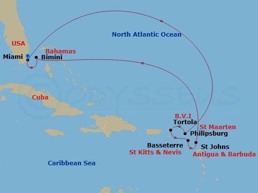 10 Night - Eastern Caribbean & Bimini Beach Club - Brilliant Lady - Starting in Miami, Florida, Philipsburg, Sint Maarten, Tortola, British Virgin Islands, Basseterre, Saint Kitts and Nevis, St Johns AG, Antigua and Barbuda, The Beach Club at Bimini, Bahamas, Miami, Florida itinerary map
