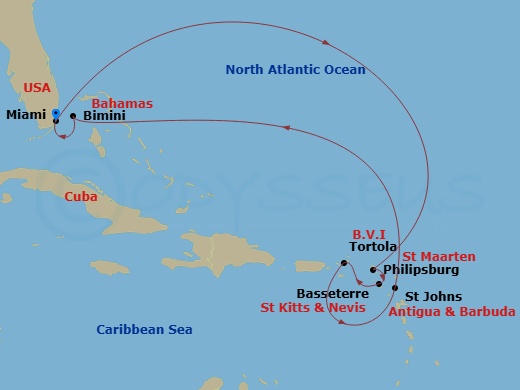 10 Night - Eastern Caribbean & Bimini New Year's - Brilliant Lady - Starting in Miami, Florida, Philipsburg, Sint Maarten, Basseterre, Saint Kitts and Nevis, Tortola, British Virgin Islands, St Johns AG, Antigua and Barbuda, The Beach Club at Bimini, Bahamas, Miami, Florida itinerary map