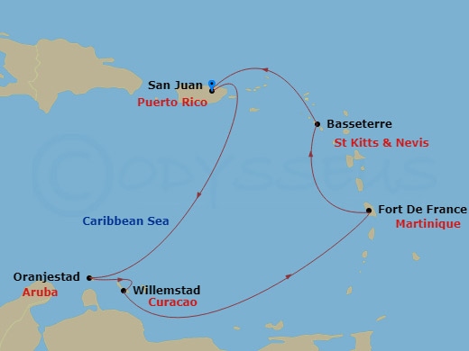7 Night - Southern Caribbean & Aruban Nights - Valiant Lady - Starting in San Juan, Puerto Rico, Oranjestad, Aruba, Willemstad AN, Curacao, Fort-De-France, Martinique, Basseterre, Saint Kitts and Nevis, San Juan, Puerto Rico itinerary map