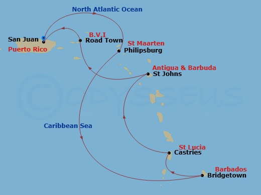 7 Night - Southern Caribbean Cruise - Valiant Lady - Starting in San Juan, Puerto Rico, Philipsburg, Sint Maarten, Bridgetown, Barbados, Castries, Saint Lucia, St Johns AG, Antigua and Barbuda, Tortola, British Virgin Islands, San Juan, Puerto Rico itinerary map