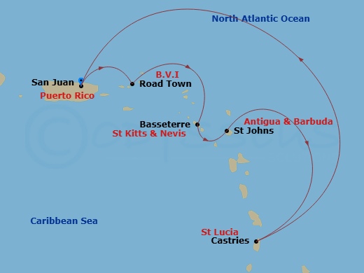 6 Night - Southern Caribbean Cruise - Valiant Lady - Starting in San Juan, Puerto Rico, Tortola, British Virgin Islands, Basseterre, Saint Kitts and Nevis, St Johns AG, Antigua and Barbuda, Castries, Saint Lucia, San Juan, Puerto Rico itinerary map
