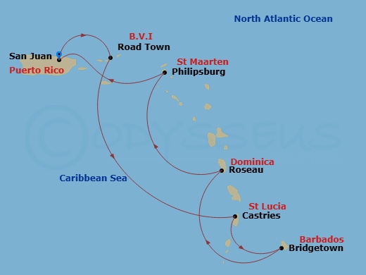 7 Night - Southern Caribbean Cruise - Valiant Lady - Starting in San Juan, Puerto Rico, Tortola, British Virgin Islands, Castries, Saint Lucia, Bridgetown, Barbados, Roseau, Dominica, Philipsburg, Sint Maarten, San Juan, Puerto Rico itinerary map
