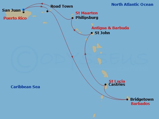 7 Night - Southern Caribbean Cruise - Valiant Lady - Starting in San Juan, Puerto Rico, Tortola, British Virgin Islands, Bridgetown, Barbados, Castries, Saint Lucia, St Johns AG, Antigua and Barbuda, Philipsburg, Sint Maarten, San Juan, Puerto Rico itinerary map