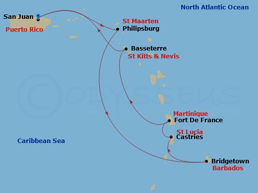 7 Night - Southern Caribbean Cruise - Valiant Lady - Starting in San Juan, Puerto Rico, Philipsburg, Sint Maarten, Bridgetown, Barbados, Castries, Saint Lucia, Fort-De-France, Martinique, Basseterre, Saint Kitts and Nevis, San Juan, Puerto Rico itinerary map