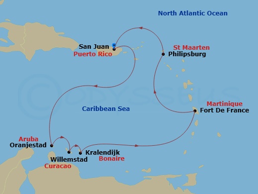 8 Night - Southern Caribbean & Aruban Nights - Valiant Lady - Starting in San Juan, Puerto Rico, Oranjestad, Aruba, Willemstad AN, Curacao, Kralendijk, Bonaire, Fort-De-France, Martinique, Philipsburg, Sint Maarten, San Juan, Puerto Rico itinerary map