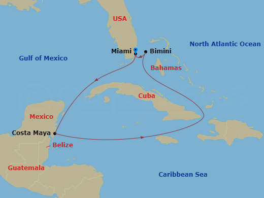 5 Night - Mexico & Bimini Beach Club - Scarlet Lady - Starting in Miami, Florida, Costa Maya, Mexico, The Beach Club at Bimini, Bahamas, Miami, Florida itinerary map