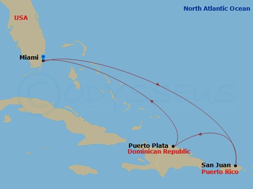 7 Night - Eastern Caribbean & Bimini Beach Club - Resilient Lady - Starting in Miami, Florida, San Juan, Puerto Rico, Puerto Plata, Dominican Republic, The Beach Club at Bimini, Bahamas, Miami, Florida itinerary map