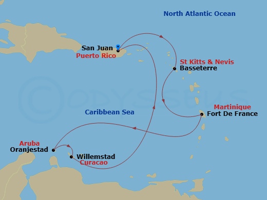 7 Night - Southern Caribbean Holiday Cruise - Valiant Lady - Starting in San Juan, Puerto Rico, Basseterre, Saint Kitts and Nevis, Fort-De-France, Martinique, Oranjestad, Aruba, Willemstad AN, Curacao, San Juan, Puerto Rico itinerary map