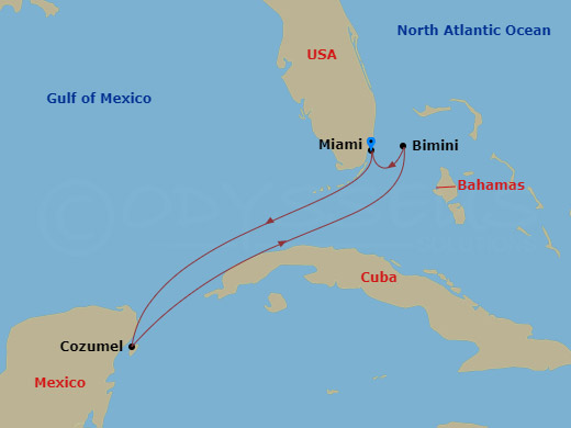 5 Night - Mexico & Bimini Beach Club Holiday - Scarlet Lady - Starting in Miami, Florida, Cozumel, Mexico, The Beach Club at Bimini, Bahamas, Miami, Florida itinerary map