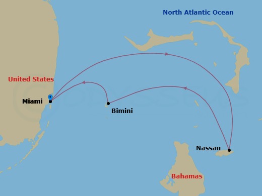 4 Night - Bahamas & Bimini Beach Club - Scarlet Lady - Starting in Miami, Florida, Nassau, Bahamas, The Beach Club at Bimini, Bahamas, Miami, Florida itinerary map