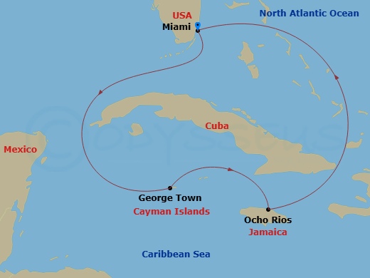 7 Night - Western Caribbean & Bimini Beach Club - Resilient Lady - Starting in Miami, Florida, George Town, Cayman Islands, Ocho Rios, Jamaica, The Beach Club at Bimini, Bahamas, Miami, Florida itinerary map