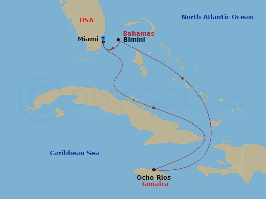5 Night - Jamaica & Bimini Beach Club - Scarlet Lady - Starting in Miami, Florida, Ocho Rios, Jamaica, The Beach Club at Bimini, Bahamas, Miami, Florida itinerary map