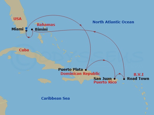 8 Night - Eastern Caribbean & Bimini Beach Club - Resilient Lady - Starting in Miami, Florida, Puerto Plata, Dominican Republic, San Juan, Puerto Rico, Tortola, British Virgin Islands, The Beach Club at Bimini, Bahamas, Miami, Florida itinerary map