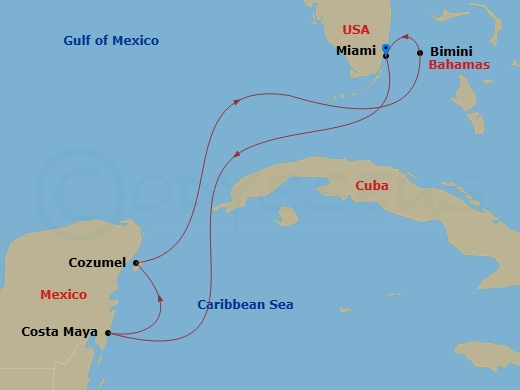 6 Night - Mexico & Bimini Beach Club - Resilient Lady - Starting in Miami, Florida, Costa Maya, Mexico, Cozumel, Mexico, The Beach Club at Bimini, Bahamas, Miami, Florida itinerary map