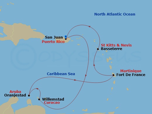 7 Night - Southern Caribbean Halloween Cruise - Valiant Lady - Starting in San Juan, Puerto Rico, Willemstad AN, Curacao, Oranjestad, Aruba, Fort-De-France, Martinique, Basseterre, Saint Kitts and Nevis, San Juan, Puerto Rico itinerary map