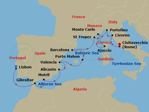 14 Night - Europe & Mediterranean - Crystal Symphony - Starting in Lisbon, Gibraltar, Motril, Alicante, Valencia, Porto Mahon, Barcelona, Saint Tropez, Monte Carlo, Ajaccio (Corsica), Portofino, Livorno (Tuscany), Civitavecchia (Rome) itinerary map