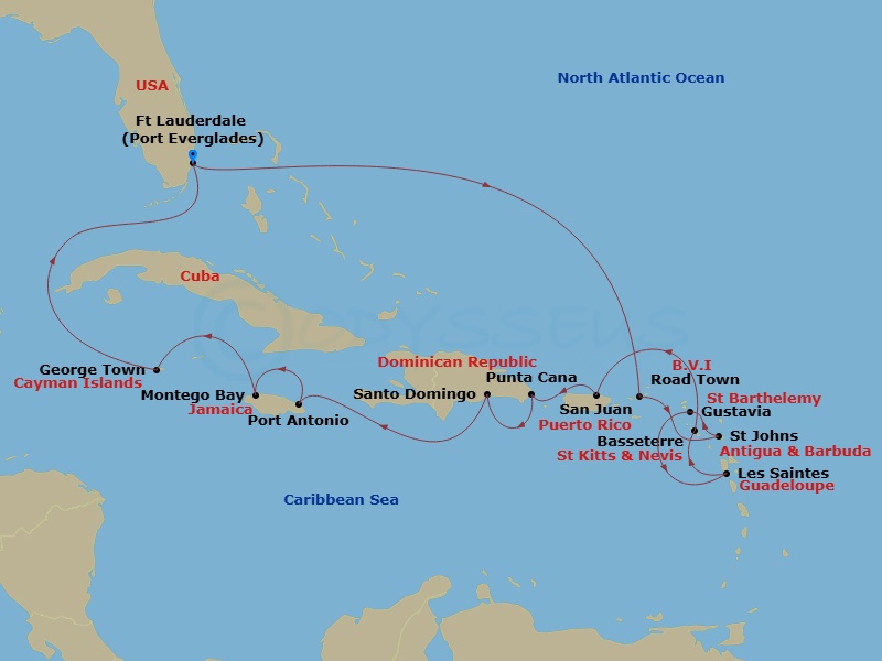17 Night - The Americas & Caribbean - Crystal Symphony - Starting in Fort Lauderdale, Road Town, St Johns, Gustavia, St Barthelemy, Les Saintes, St Kitts (Basseterre), San Juan, Punta Cana, Santo Domingo, Port Antonio, Montego Bay, George Town (Grand Cayman), Fort Lauderdale itinerary map
