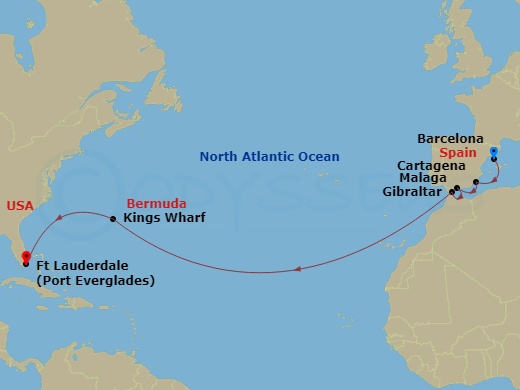 14 Night - Cultural Crossing with Andalusia - Oosterdam - Starting in Barcelona, Spain, Cartagena ES, Malaga, Spain, Gibraltar, Kings Wharf, Bermuda, Fort Lauderdale, Florida itinerary map