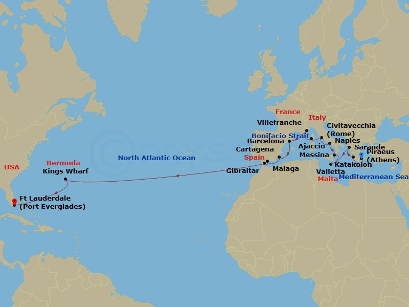 25 Night - Mediterranean Cultural Crossing Collectors' Voyage - Oosterdam - Starting in Piraeus (Athens), Greece, Katakolon (Olympia), Greece, Sarande, Albania, Valletta, Malta, Messina, Italy, Cruising Strait of Messina, Evening cruising Stromboli Volcano, Naples (Pompeii / Amalfi), Italy, Civitavecchia (Rome), Italy, Scenic cruising Bonifacio Strait, Ajaccio, Corsica, France, Villefranche-sur-Mer (Nice), France, Barcelona, Spain, Cartagena ES, Malaga, Spain, Gibraltar, Kings Wharf, Bermuda, Fort Lauderdale, Florida itinerary map