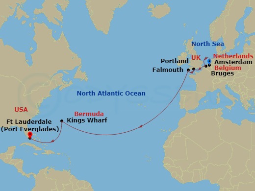 13 Night - Cultural Crossing with Brugge & Falmouth - Rotterdam - Starting in Amsterdam, the Netherlands, Zeebrugge (Brussels), Belgium, Portland UK (Weymouth), England, United Kingdom, Falmouth, England, United Kingdom, Kings Wharf, Bermuda, Fort Lauderdale, Florida itinerary map