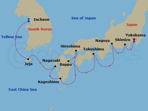 12 Night - Asia and Asia Pacific from Incheon to Tokyo - Norwegian Jade Tours - Starting in At Hotel, Seoul (Incheon), South Korea, Jeju, South Korea, Nagasaki, Japan, Kagoshima, Japan, Hiroshima, Japan, Beppu, Japan, Tokushima, Japan, Nagoya, Japan, Mount Fuji / Shimizu, Japan, Tokyo (Yokohama), Japan itinerary map