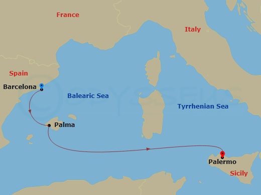 3 Night - Western Mediterranean from Barcelona to Palermo - Costa Toscana - Starting in Barcelona, Spain, Palma De Mallorca, Spain, Palermo (Sicily) itinerary map