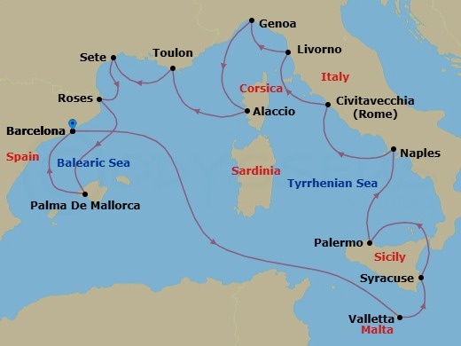 17 Night - Southern Europe Roundtrip from Barcelona - Silver Nova - Starting in Barcelona, Valletta, Siracusa, Palermo, Naples, Civitavecchia, Livorno, Genoa, Ajaccio, Toulon, Sete, Roses, Palma De Mallorca, Barcelona itinerary map