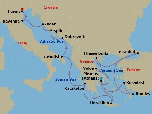 22 Night - Europe from Athens to Fusina - Silver Dawn - Starting in Athens, Volos, Thessaloniki, Istanbul, Rhodes, Kusadasi, Athens, Heraklion, Katakolon, Brindisi, Dubrovnik, Croatia, Split, Zadar, Ravenna, Fusina itinerary map