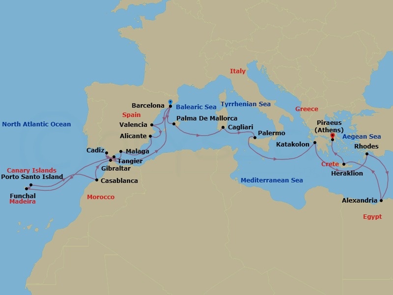 27 Night - Mediterranean from Barcelona to Athens - Silver Dawn - Starting in Barcelona, Valencia, Alicante, Malaga, Cadiz, Gibraltar, Funchal, Porto Santo, Casablanca, Tangier, Barcelona, Palma De Mallorca, Cagliari, Palermo, Katakolon, Rhodes, Alexandria EG, Heraklion, Athens itinerary map