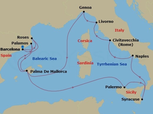 17 Night - Southern Europe Roundtrip from Barcelona - Silver Dawn - Starting in Barcelona, Palamos, Palma De Mallorca, Palermo, Siracusa, Naples, Civitavecchia, Livorno, Genoa, Palma De Mallorca, Roses, Barcelona itinerary map