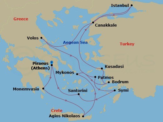 14 Night - Greek Isles, Ancient Ephesus & the Aegean Sea - Seabourn Ovation - Starting in Piraeus (Athens), Greece, Monemvasia, Greece, Agios Nikolaos, Crete, Greece, Mykonos, Greece, Bodrum, Turkey, Kusadasi (Ephesus), Turkey, Istanbul, Turkey, Canakkale, Turkey, Volos, Greece, Patmos, Greece, Symi, Greece, Santorini, Greece, Piraeus (Athens), Greece itinerary map