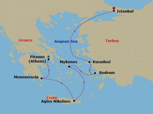 7 Night - Crete, Mykonos & Evening at Ephesus - Seabourn Ovation - Starting in Piraeus (Athens), Greece, Monemvasia, Greece, Agios Nikolaos, Crete, Greece, Mykonos, Greece, Bodrum, Turkey, Kusadasi (Ephesus), Turkey, Istanbul, Turkey itinerary map