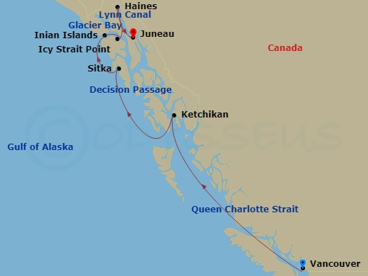7 Night - Glacier Bay & Alaska Inside Passage - Seabourn Encore - Starting in Vancouver, BC, CA, Transit the Seymour Narrows, Cruising the Queen Charlotte Sound, Ketchikan, Alaska, Transit Snow Pass, Transit Decision Passage, Sitka, Alaska, Glacier Bay, Inian Islands, Alaska, Icy Strait Point, Alaska, Haines, Alaska, Cruising Lynn Canal, Juneau, Alaska itinerary map