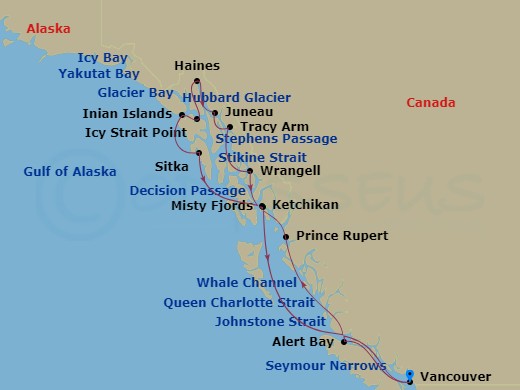 14 Night - Alaska Glaciers, Fjords & Inside Passage - Seabourn Encore - Starting in Vancouver, BC, CA, Transit the Seymour Narrows, Cruising the Queen Charlotte Sound, Ketchikan, Alaska, Transit Snow Pass, Transit Decision Passage, Sitka, Alaska, Cruising Yakutat Bay, Hubbard Glacier, Inian Islands, Alaska, Icy Strait Point, Alaska, Haines, Alaska, Cruising Lynn Canal, Juneau, Alaska, Tracy Arm or Endicott Arm, Cruising Stephens Passage, Transit Decision Passage, Wrangell, Alaska, Cruising Stikine Strait, Cruising Behm Canal, Rudyerd Bay (Misty Fjords), Scenic cruising Misty Fjords, Prince Rupert, British Columbia, Canada, Scenic cruising Grenville Channel, Scenic cruising Whale Channel, Scenic cruising Princess Royal Channel, Alert Bay, British Columbia, Canada, Scenic cruising Johnstone Strait, Transit the Seymour Narrows, Vancouver, BC, CA itinerary map