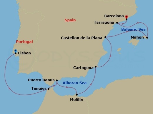 9 Night - Coastal Gems of Andalusia - Seabourn Ovation - Starting in Lisbon, Portugal, Tangier, Morocco, Puerto Banus, Spain, Melilla, Spanish Morocco, Spain, Cartagena ES, Castellon de la Plana, Spain, Mahon, Menorca, Spain, Tarragona, Spain, Barcelona, Spain itinerary map