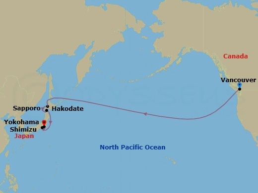 14 Night - Vancouver to Tokyo - Celebrity Millennium - Starting in Vancouver, British Columbia, International Dateline, Sapporo (Muroran), Japan, Hakodate, Japan, Mount Fuji (Shimizu), Japan itinerary map