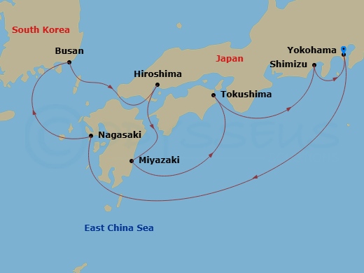 9 Night - Japan Explorer - Diamond Princess - Starting in Tokyo (Yokohama), Japan, Nagasaki, Japan, Busan, South Korea, Kanmon Straits, Japan, Hiroshima, Japan, Miyazaki (Aburatsu), Japan, Tokushima, Japan, Shimizu (for Mount Fuji), Japan, Tokyo (Yokohama), Japan itinerary map