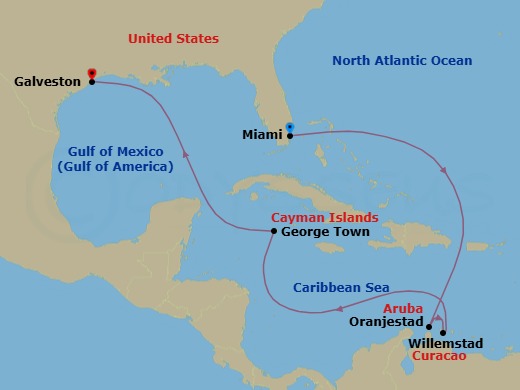9 Night - Grand Cayman & Southern Caribbean / Miami to Galveston - Margaritaville Beachcomber - Starting in Miami, Oranjestad, Aruba, Willemstad AN, Curacao, George Town, Grand Cayman, Port of Galveston itinerary map