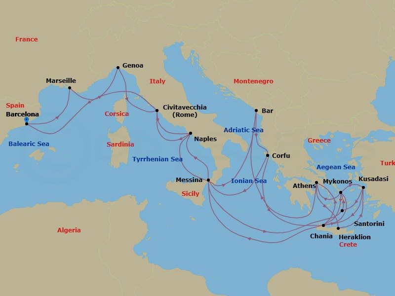 32 Night - The Best of the Mediterranean - Sun Princess - Starting in Barcelona, Spain, Marseille (Provence), France, Genoa (for Cinque Terre), Italy, Civitavecchia (for Rome), Italy, Naples, Italy (for Capri and Pompeii), Montenegro, Corfu, Greece, Crete (Chania), Greece, Mykonos, Greece, Athens (Piraeus), Greece, Montenegro, Corfu, Greece, Sicily (Messina), Italy, Santorini, Greece, Mykonos, Greece, Kusadasi, Turkey (for Ephesus), Crete (Chania), Greece, Athens (Piraeus), Greece, Crete (Heraklion), Greece, Kusadasi, Turkey (for Ephesus), Santorini, Greece, Mykonos, Greece, Crete (Chania), Greece, Sicily (Messina), Italy, Stromboli Volcano (Scenic Cruising), Italy, Naples, Italy (for Capri and Pompeii), Civitavecchia (for Rome), Italy, Barcelona, Spain itinerary map