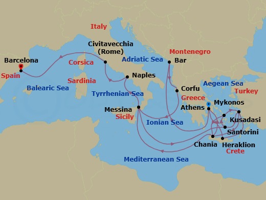 21 Night - The Best of the Mediterranean - Sun Princess - Starting in Athens (Piraeus), Greece, Montenegro, Corfu, Greece, Sicily (Messina), Italy, Santorini, Greece, Mykonos, Greece, Kusadasi, Turkey (for Ephesus), Crete (Chania), Greece, Athens (Piraeus), Greece, Crete (Heraklion), Greece, Kusadasi, Turkey (for Ephesus), Santorini, Greece, Mykonos, Greece, Crete (Chania), Greece, Sicily (Messina), Italy, Stromboli Volcano (Scenic Cruising), Italy, Naples, Italy (for Capri and Pompeii), Civitavecchia (for Rome), Italy, Barcelona, Spain itinerary map