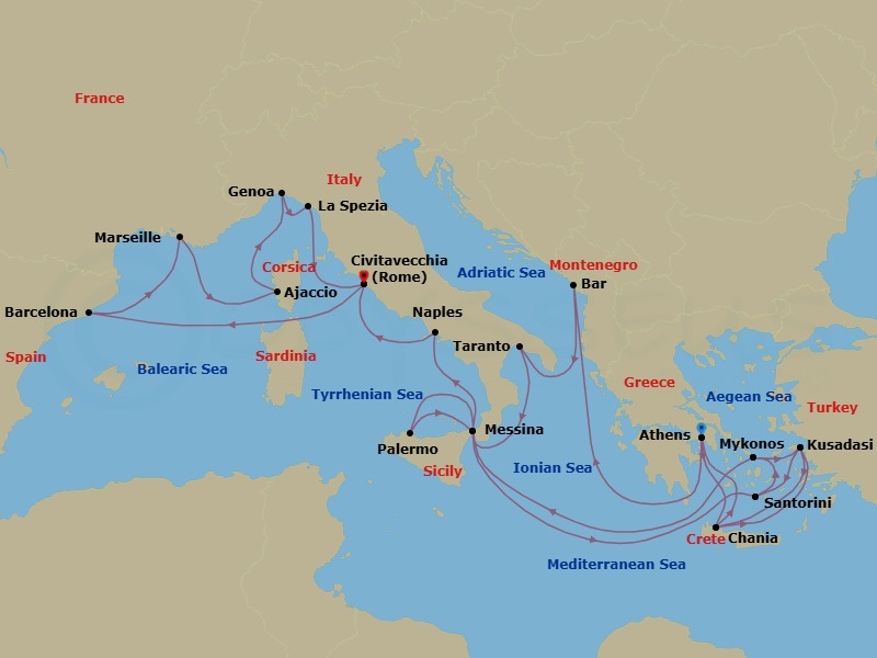 28 Night - The Best of the Mediterranean - Sun Princess - Starting in Athens (Piraeus), Greece, Montenegro, Taranto, Italy, Sicily (Messina), Italy, Santorini, Greece, Mykonos, Greece, Kusadasi, Turkey (for Ephesus), Crete (Chania), Greece, Athens (Piraeus), Greece, Crete (Chania), Greece, Kusadasi, Turkey (for Ephesus), Santorini, Greece, Mykonos, Greece, Sicily (Palermo), Italy, Sicily (Messina), Italy, Stromboli Volcano (Scenic Cruising), Italy, Naples, Italy (for Capri and Pompeii), Civitavecchia (for Rome), Italy, Barcelona, Spain, Marseille (Provence), France, Corsica (Ajaccio), France, Genoa (for Cinque Terre), Italy, La Spezia (for Florence / Pisa), Italy, Civitavecchia (for Rome), Italy itinerary map