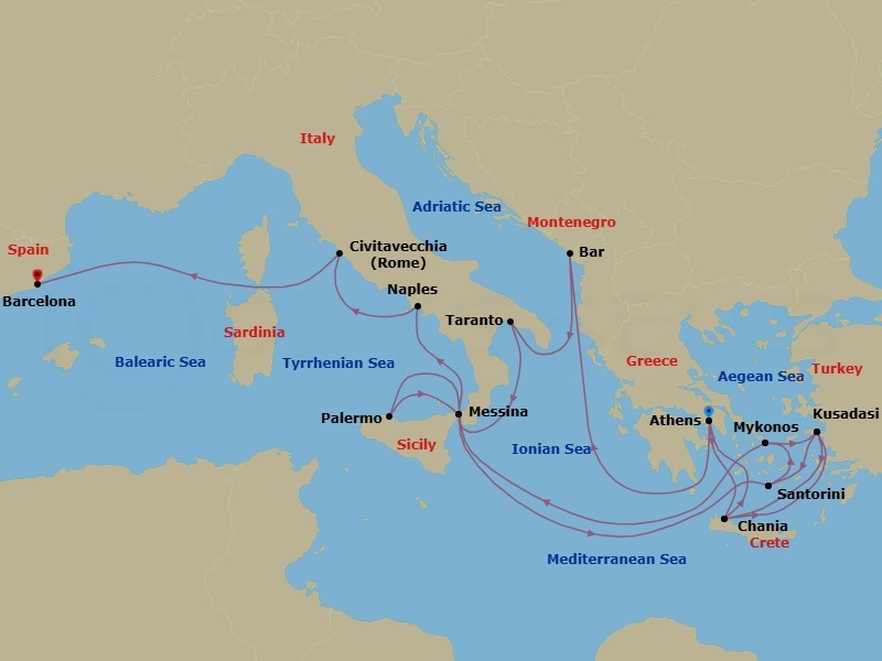 21 Night - The Best of the Mediterranean - Sun Princess - Starting in Athens (Piraeus), Greece, Montenegro, Taranto, Italy, Sicily (Messina), Italy, Santorini, Greece, Mykonos, Greece, Kusadasi, Turkey (for Ephesus), Crete (Chania), Greece, Athens (Piraeus), Greece, Crete (Chania), Greece, Kusadasi, Turkey (for Ephesus), Santorini, Greece, Mykonos, Greece, Sicily (Palermo), Italy, Sicily (Messina), Italy, Stromboli Volcano (Scenic Cruising), Italy, Naples, Italy (for Capri and Pompeii), Civitavecchia (for Rome), Italy, Barcelona, Spain itinerary map