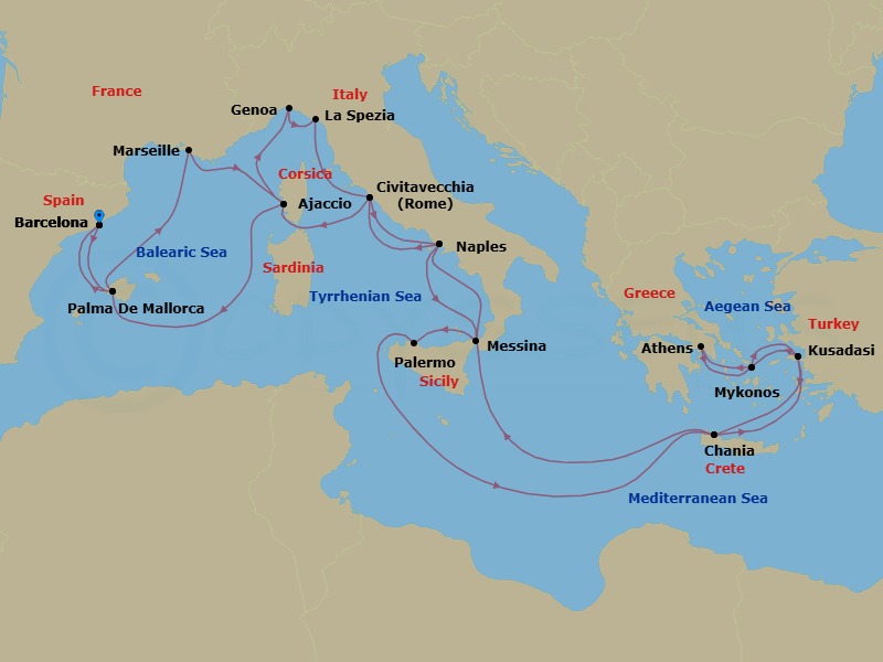 24 Night - The Best of the Mediterranean - Sun Princess - Starting in Barcelona, Spain, Mallorca (Palma), Spain, Marseille (Provence), France, Corsica (Ajaccio), France, Genoa (for Cinque Terre), Italy, La Spezia (for Florence / Pisa), Italy, Civitavecchia (for Rome), Italy, Naples, Italy (for Capri and Pompeii), Sicily (Messina), Italy, Stromboli Volcano (Scenic Cruising), Italy, Sicily (Palermo), Italy, Crete (Chania), Greece, Kusadasi, Turkey (for Ephesus), Mykonos, Greece, Athens (Piraeus), Greece, Mykonos, Greece, Kusadasi, Turkey (for Ephesus), Crete (Chania), Greece, Naples, Italy (for Capri and Pompeii), Civitavecchia (for Rome), Italy, Corsica (Ajaccio), France, Mallorca (Palma), Spain, Barcelona, Spain itinerary map