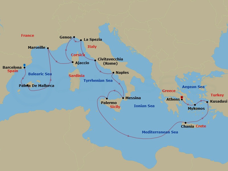 14 Night - Mediterranean with Greece, Italy & Turkey - Sun Princess - Starting in Barcelona, Spain, Mallorca (Palma), Spain, Marseille (Provence), France, Corsica (Ajaccio), France, Genoa (for Cinque Terre), Italy, La Spezia (for Florence / Pisa), Italy, Civitavecchia (for Rome), Italy, Naples, Italy (for Capri and Pompeii), Sicily (Messina), Italy, Stromboli Volcano (Scenic Cruising), Italy, Sicily (Palermo), Italy, Crete (Chania), Greece, Kusadasi, Turkey (for Ephesus), Mykonos, Greece, Athens (Piraeus), Greece itinerary map