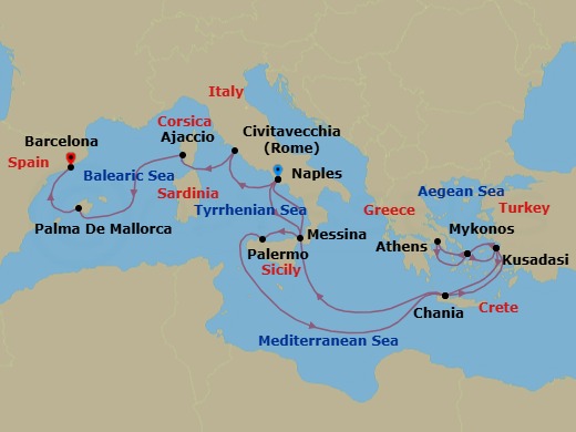 17 Night - Mediterranean with Greece, Italy & Turkey - Sun Princess - Starting in Naples, Italy (for Capri and Pompeii), Sicily (Messina), Italy, Stromboli Volcano (Scenic Cruising), Italy, Sicily (Palermo), Italy, Crete (Chania), Greece, Kusadasi, Turkey (for Ephesus), Mykonos, Greece, Athens (Piraeus), Greece, Mykonos, Greece, Kusadasi, Turkey (for Ephesus), Crete (Chania), Greece, Naples, Italy (for Capri and Pompeii), Civitavecchia (for Rome), Italy, Corsica (Ajaccio), France, Mallorca (Palma), Spain, Barcelona, Spain itinerary map