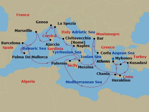 21 Night - The Best of the Mediterranean - Sun Princess - Starting in Athens (Piraeus), Greece, Crete (Heraklion), Greece, Montenegro, Corfu, Greece, Sicily (Messina), Italy, Barcelona, Spain, Mallorca (Palma), Spain, Marseille (Provence), France, Corsica (Ajaccio), France, Genoa (for Cinque Terre), Italy, La Spezia (for Florence / Pisa), Italy, Civitavecchia (for Rome), Italy, Naples, Italy (for Capri and Pompeii), Sicily (Messina), Italy, Stromboli Volcano (Scenic Cruising), Italy, Sicily (Palermo), Italy, Crete (Chania), Greece, Kusadasi, Turkey (for Ephesus), Mykonos, Greece, Athens (Piraeus), Greece itinerary map